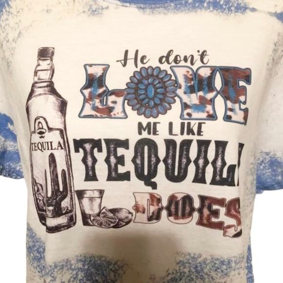 Whiskey Kiss Tops - WHISKEY KISS Tequila Love Bleach Dye Handmade Graphic Tee